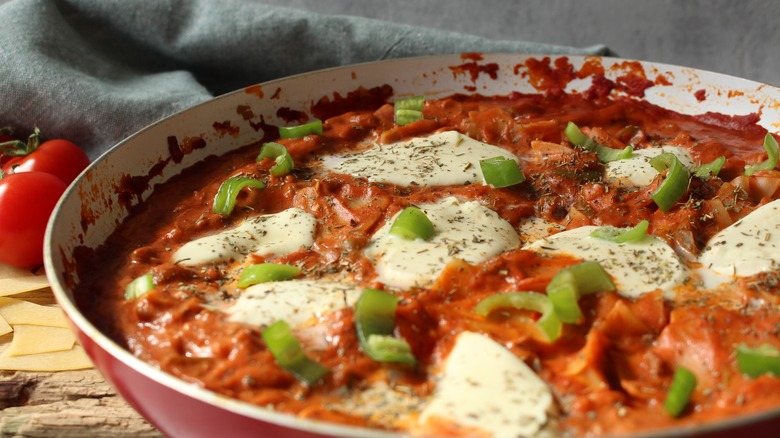 Skillet lasagna closeup