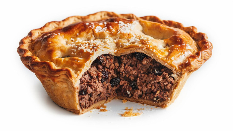 Golden brown pastry pie filled with ground meat and raisins