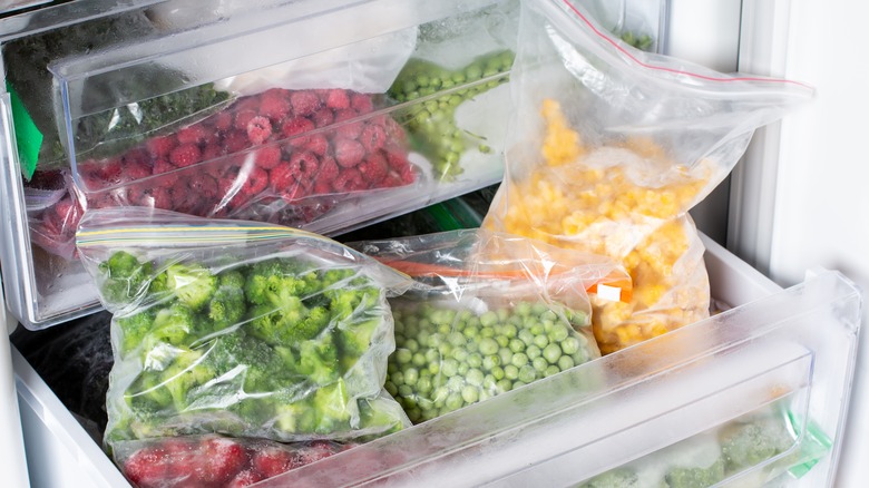 foods stored in ziplock bags in freezer