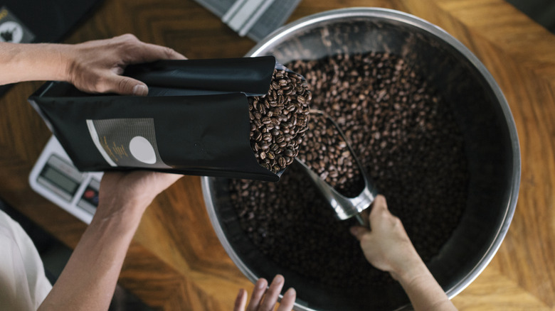 Roasted coffee beans being poured into a metal cyllinder