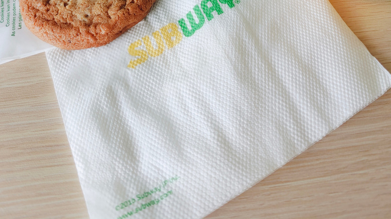 Chocolate chip cookie on a Subway napkin