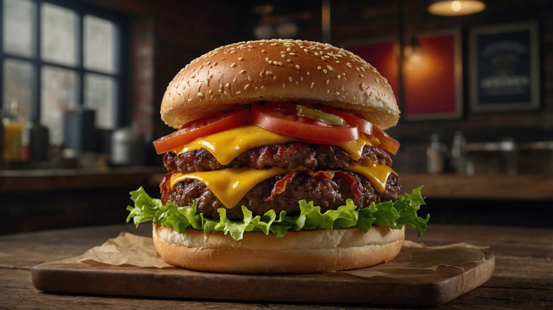 A tall burger on a wooden board with a variety of toppings