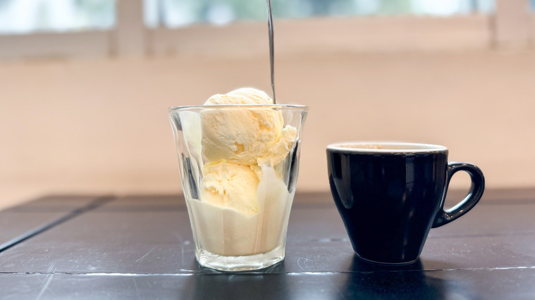 A glass of ice cream and a cup of espresso for making affogato