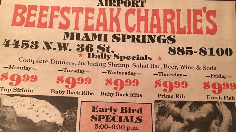 Close up of a Beefsteak Charlie's menu from the Miami Springs, FL airport