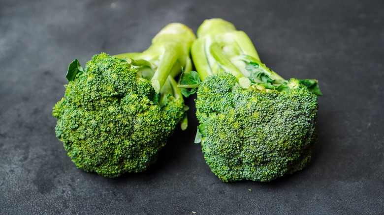 two broccoli heads lying side by side