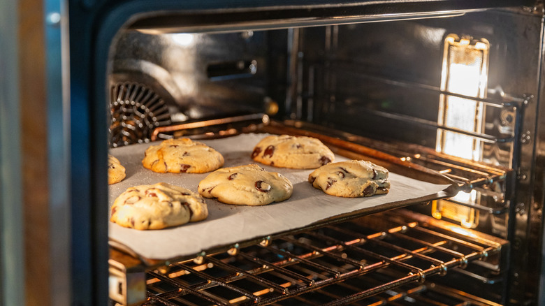 Chocolate chip cookies baking in the oven