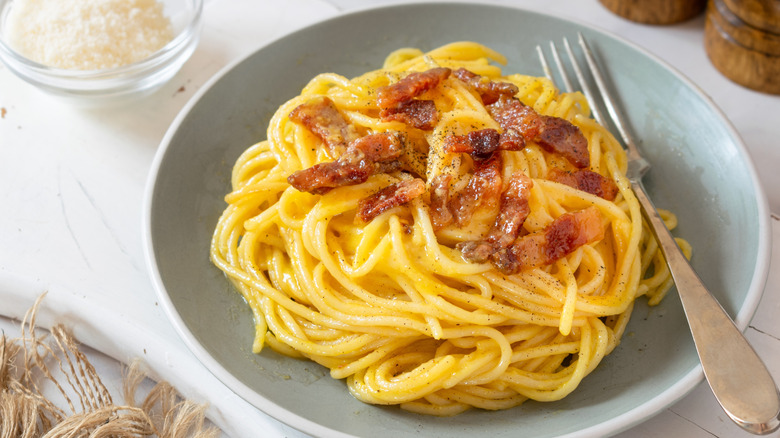 A bowl of pasta alla carbonara with fork