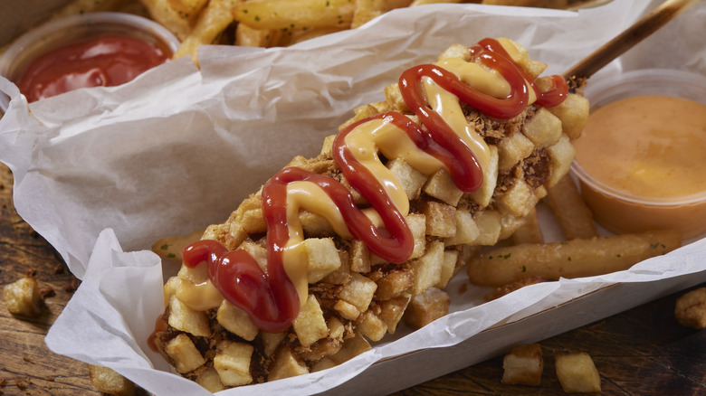 Korean corn dogs with ketchup and spicy mustard