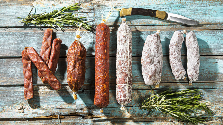 Cured sausages on a table