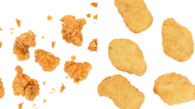 Side by side images of popcorn chicken and chicken nuggets on white background