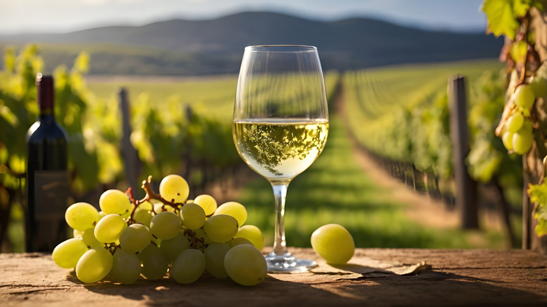 glass of white wine in vineyard