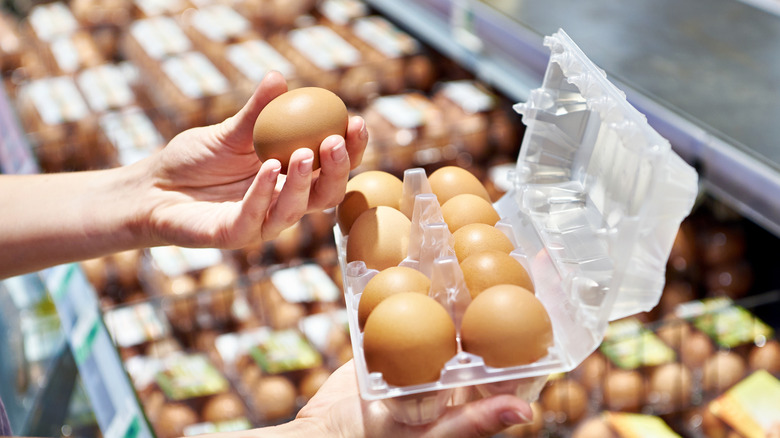 A woman's hand holds a brown egg from an open egg carton in a market. Several more cartons on display in the background