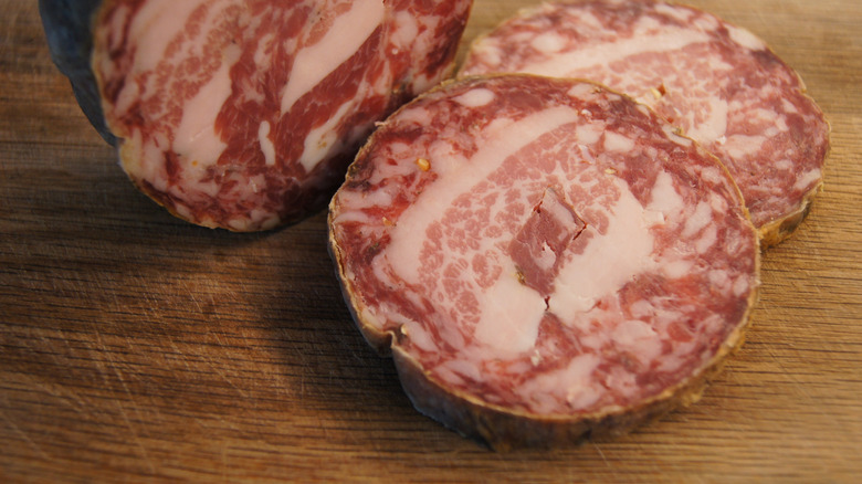 Cut section of a tube of dry salami