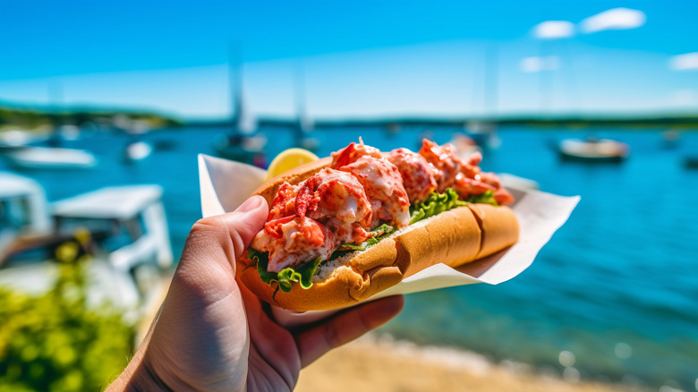 A person holding up a lobster roll with a beach scene in the background