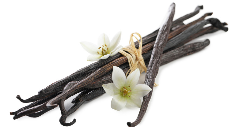 A small bunch of vanilla pods decorated with two vanilla flowers