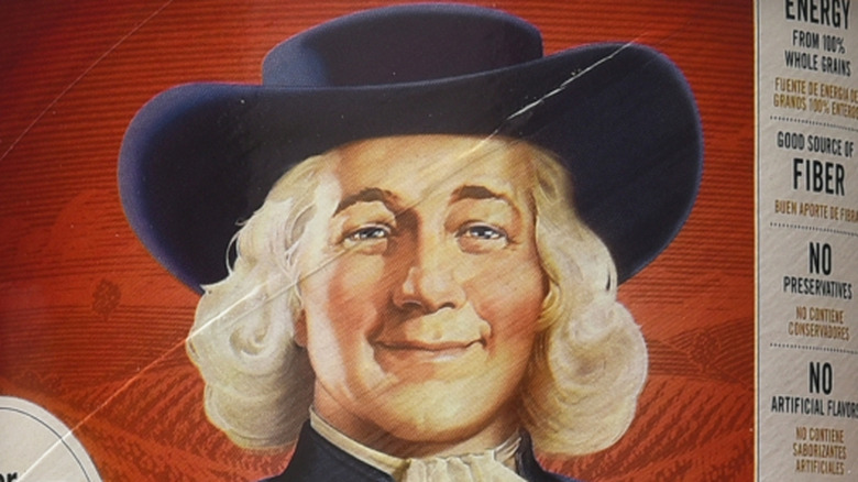 Man on the label of a Quaker Oats can of rolled oats