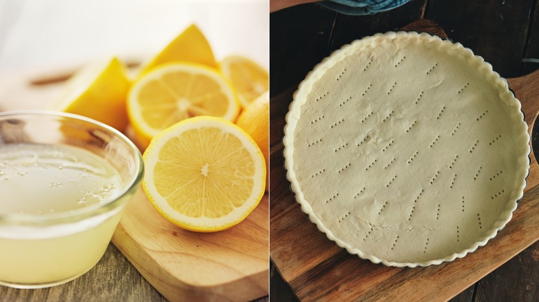 Left: Lemons on a cutting board beside freshly squeezed juice. Right: apple pie crust before apples have been added to it.