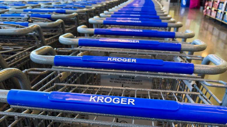 The handles of Kroger grocery store carts are shown