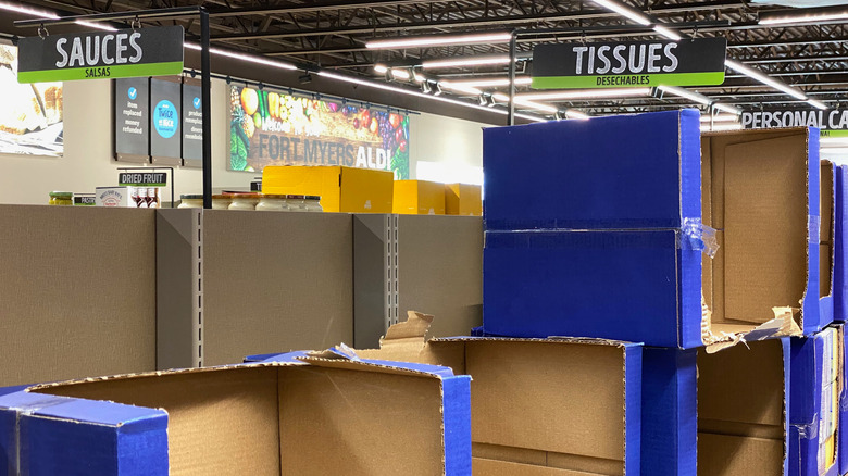 Stack of empty blue boxes at Aldi