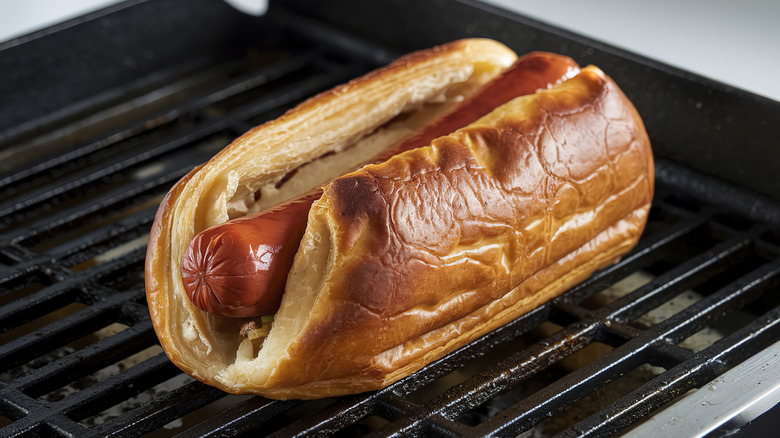 A hot dog in a bun sitting on a grill