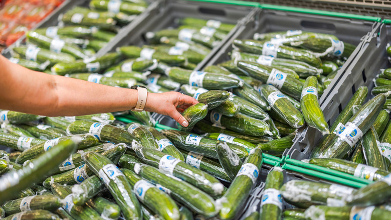 A person picking cucumbers wrapped in plastic at the grocery store