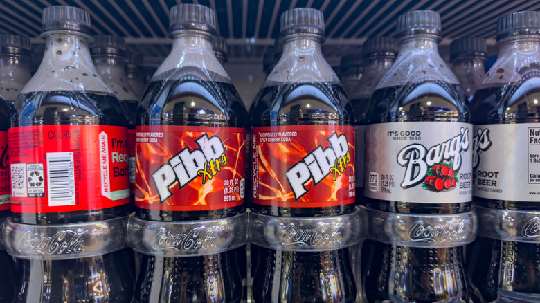 Bottles of Pibb Xtra sit in a refrigerator