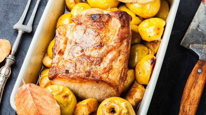 roast pork with baked whole apples