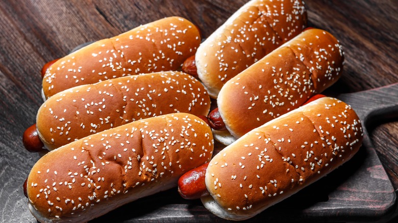 Hot dogs in sesame seed buns