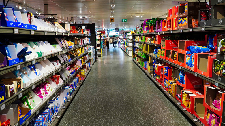 An interior shot of an Aldi supermarket candy aisle