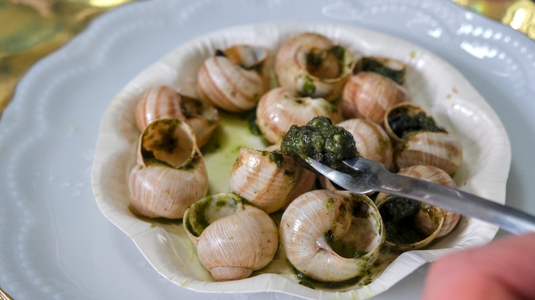 Escargots plated with garlic and herbs