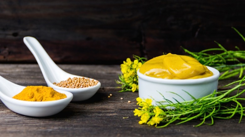 A small bowl of yellow mustard, with seeds and ground mustard in spoons