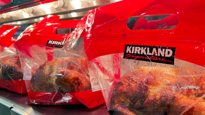 Costco rotisserie chickens sit in packaging