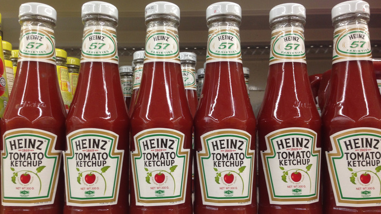 Glass bottles of Heinz tomato ketchup