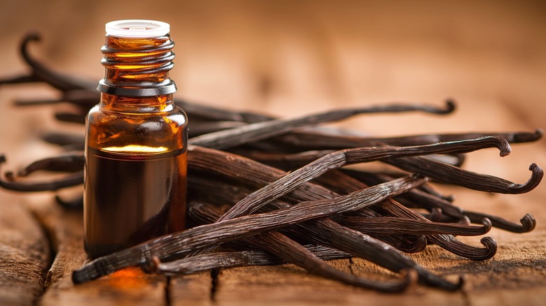 A bottle of vanilla extract surrounded by aromatic vanilla beans.