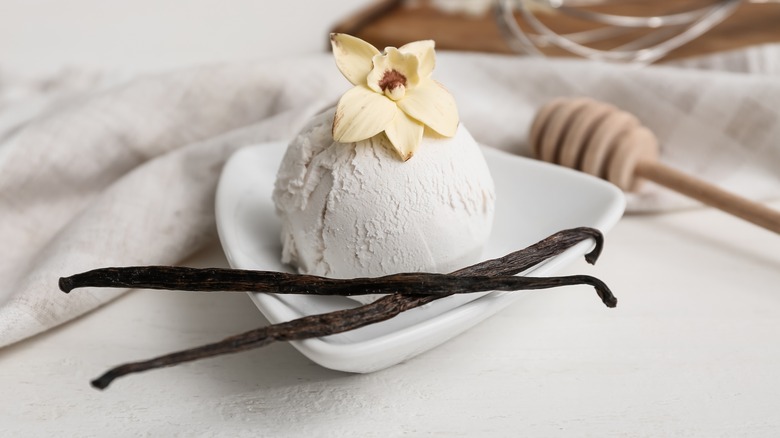 A bowl of vanilla ice-cream with flower and vanilla beans.