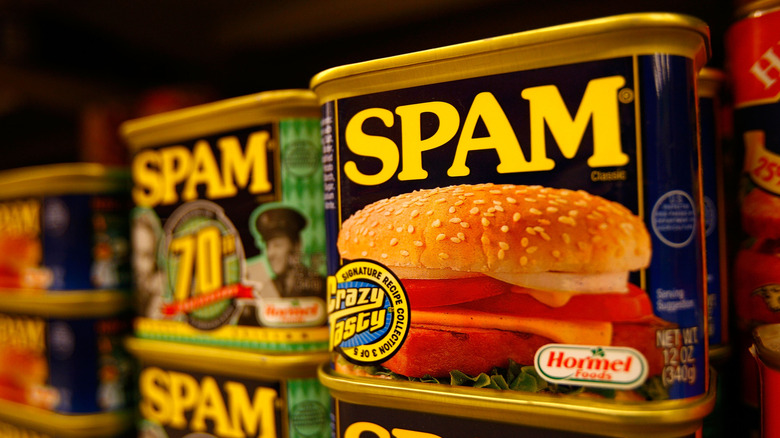 cans of Spam stacked up on shelf