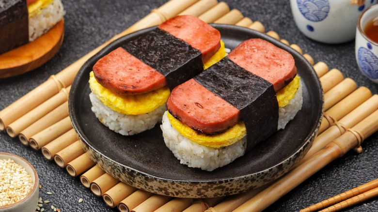 Plate of Spam and egg musubi