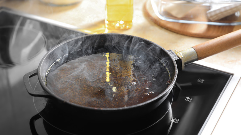 Skillet with hot oil that is smoking