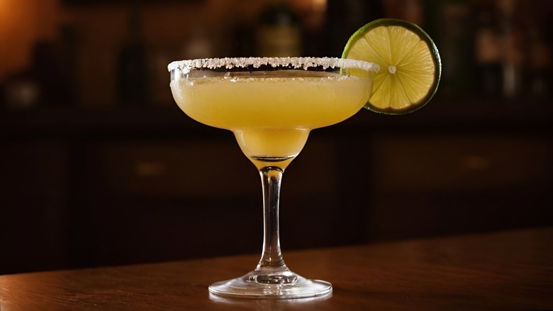 A classic margarita in a glass with sugar on its rim and a lime slice on it