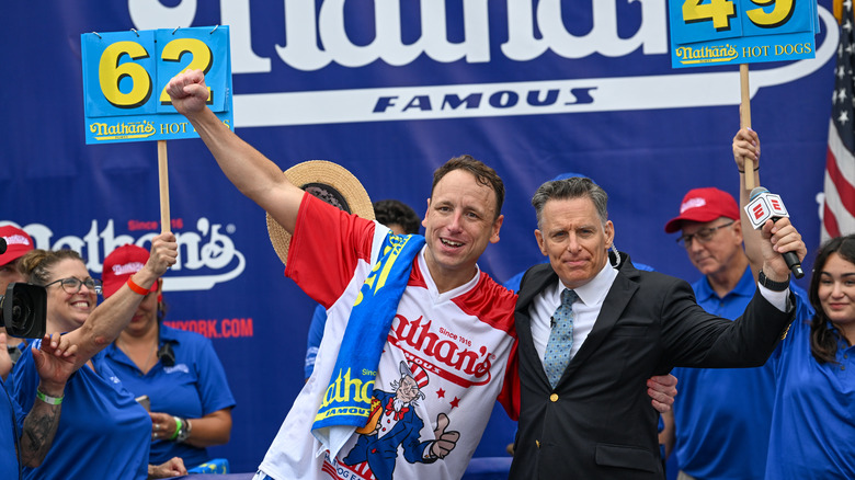 Joey Chestnut competes in Nathan's Famous Hot Dog Eating Contest