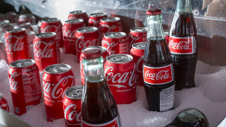 Cans and bottles of Coca-Cola packed in ice.