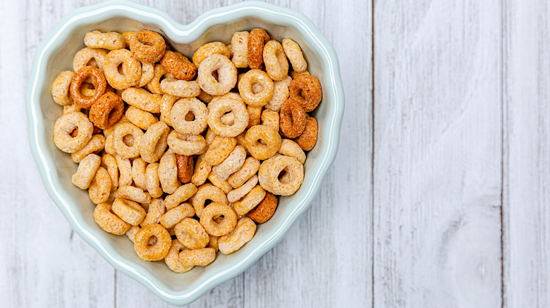 dry cereal in a heart-shaped bowl