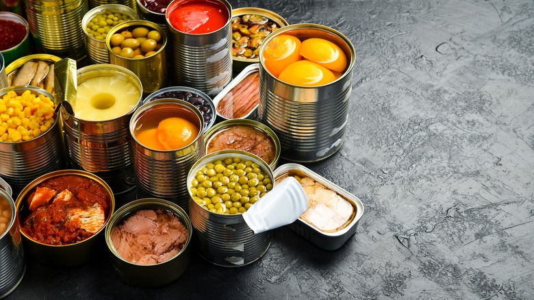 Assortment of opened canned foods