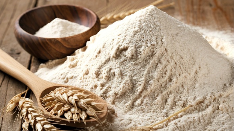 Wheat kernels on spoon placed next to pile of whole wheat flour