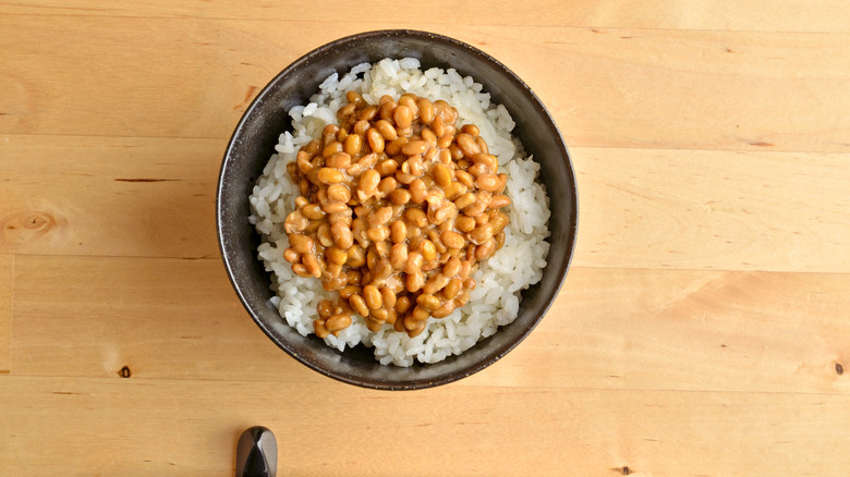 A bowl filled with nattō and rice.