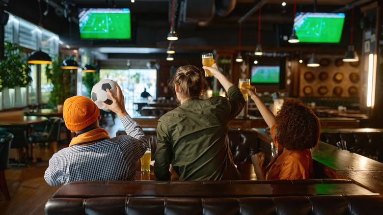 people cheer with beers in a sports bar