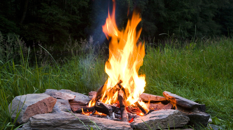 a campfire surrounded by rocks