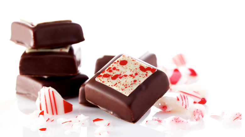 Small chocolate peppermint candies with crushed peppermint on a white background