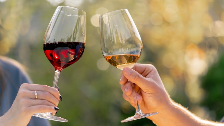 man and woman holding a glass of red and white wine