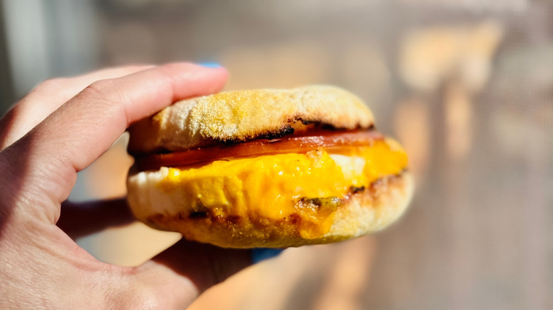 hand with blue fingernails holding Egg Mcmuffin against blurry background